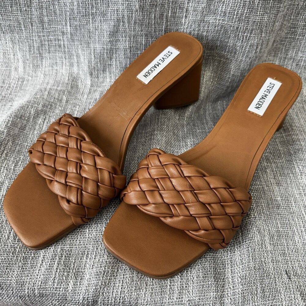 Steve Madden Brown Faux Leather Braided Sandals Sz 9 Womens Shoes Slide Slip On